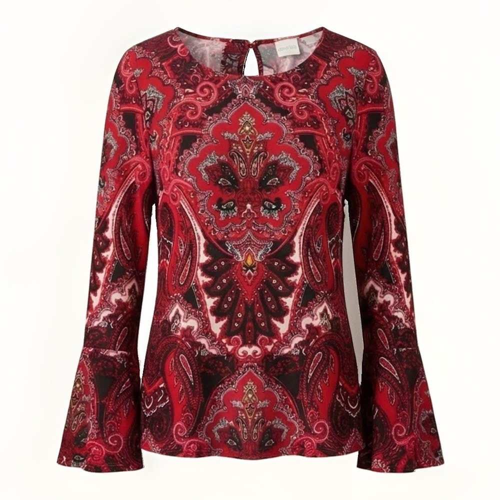 Chicos Red Paisley Velvet Blouse M 1 Boho Stretch Bell Sleeve Top Holiday Y2K
